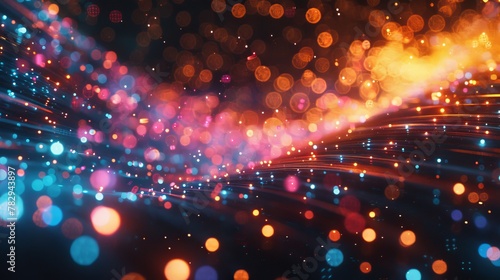 Array of data streaking lights and fiber optics on abstract wire background. CG rendering of futuristic electronic circuit technology.