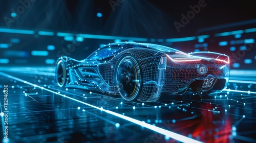 A futuristic sports car technology concept illustrated in 3D with wireframe intersects