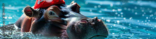 Playful Hippopotamus Swimming with a Red Cap in the Water