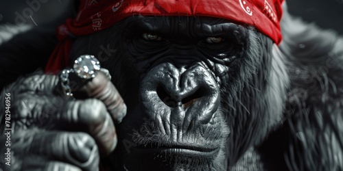Close-up of a gorilla wearing a red bandanna, suitable for various design projects