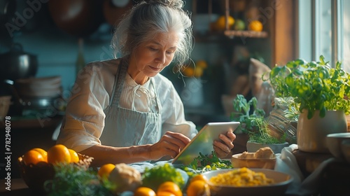 Senior home cook concentrates on a tablet surrounded by citrus and herbs, AI-generated.