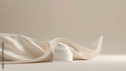 Mockup of cosmetic cream jar mockup with smooth elegant flying cloth for product display.