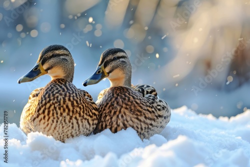 Ducks in the Snow - Two Anas Platyrhynchos Ducks in a Snowy Landscape