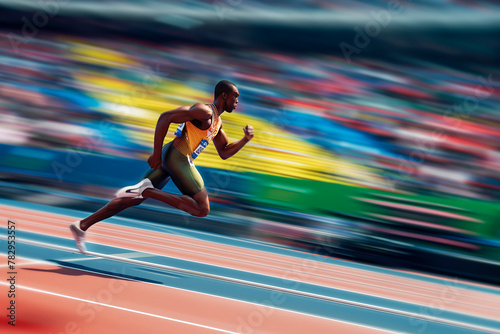 Fast running runner, black active marathon runner at the Olympic Stadium during the 42 km marathon race. Active people, Olympic Games concept