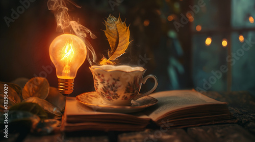 Innovative idea and cozy autumn atmosphere with lightbulb and teacup, perfect for book ads and educational inspiration