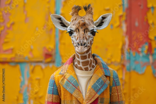 A trendsetting giraffe stares confidently, contrasting against a background of bright yellow and peeling paint