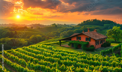 Breathtaking Panoramic View of Idyllic Vineyard with Rustic Farmhouse and Hills at Golden Sunset