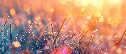 Sunrise on dewy grass, close up, sparkling light, detailed droplets