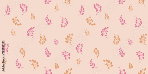 Cute tiny abstract branches leaves randomly scattered on a seamless pattern. Simple, pastel, minimalist beige printing. Vector hand drawn sketch. Template for design, textile, fabric