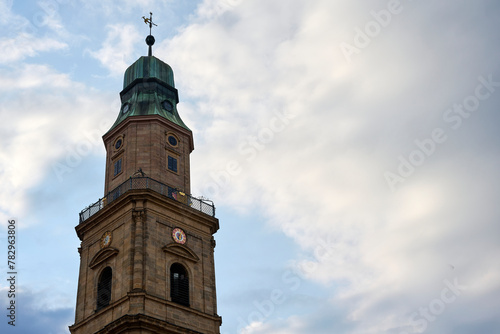 Hugenotten Evangelical church against the sky in Erlangen, Germany