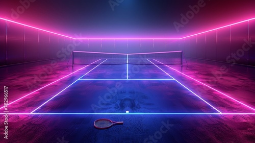 Glowing neon tennis field: A 3D vector illustration of a tennis court with neon lights