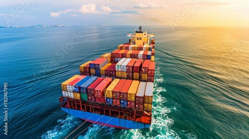 A panoramic aerial perspective unveils the ceaseless movement of a fully-loaded container ship, emblematic of the interconnectedness of global markets. 