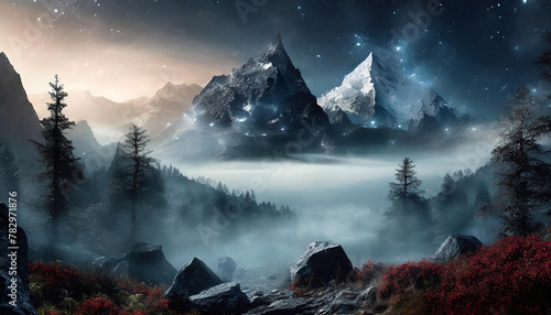 Misty dark scene with incredible landscape. Big mountains, foggy forest.