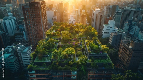 Green roof installation on sustainable building. Urban rooftop garden in the heart of the city. Urban farming and sustainable agriculture concept. Generative ai