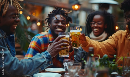 Group of multi ethnic friends having backyard dinner party together. Diverse young people sitting at table toasting beer glasses in brewery pub garden. Happy hour, youth concept. generative AI