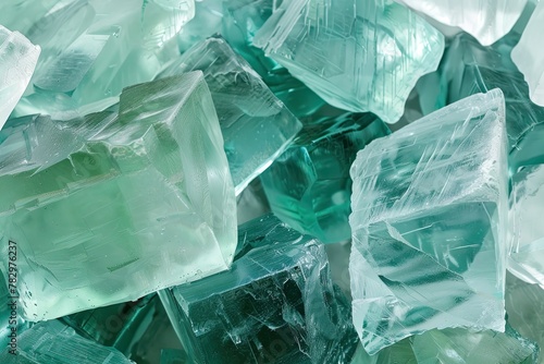 A pile of rough, translucent, green gemstones.
