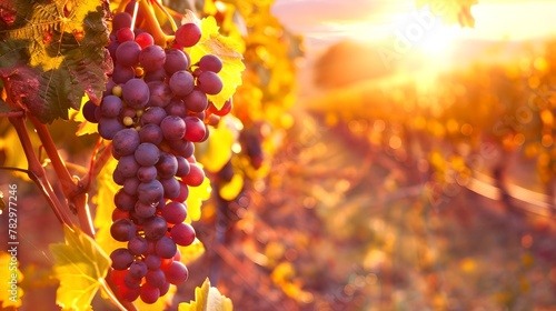 Sunset Vineyard: Ripe Grapes Ready for the Harvest. A Vibrant, Organic Scenery Perfect for Wine Lovers. Nature's Bounty under Warm Sunlight. AI