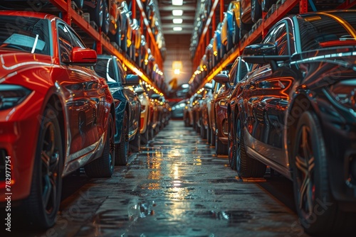 Rows of shiny new cars parked in a modern car dealership showroom, with a focus on consumerism and the automotive industry
