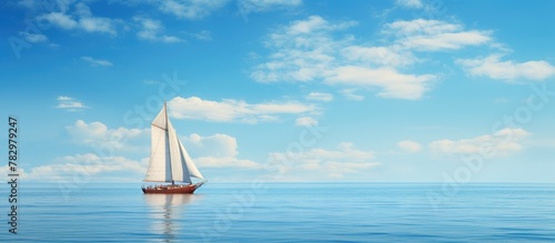 Sailboat navigating vast ocean under clear blue sky