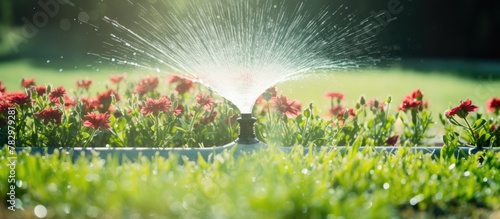 Sprinkler watering flower bed