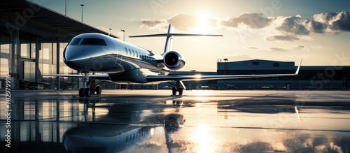 Private jet parked on apron with sunlight reflection