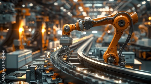 Amidst the assembly line's bustling rhythm, the industrial robot arm orchestrates a ballet of automation, its movements a testament to the pinnacle of precision engineering in modern manufacturing. 