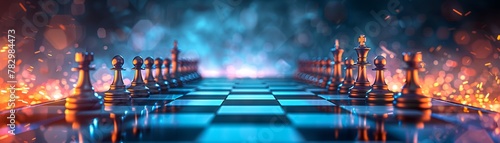 A chessboard with pieces illuminated by a futuristic blue and orange glow, symbolizing strategy and competition in the digital age.