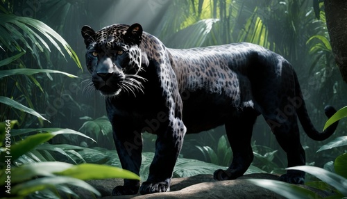 A black jaguar exudes mystery as it prowls through the dense underbrush of a lush tropical rainforest, its gaze fixed and intent.. AI Generation