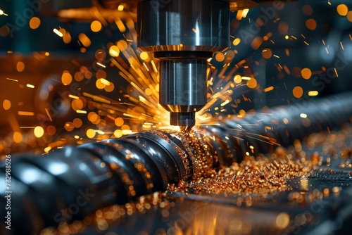 Close-up of a metal milling cutter at high speed, creating a shower of sparks in a showcase of modern industrial technology and machinery