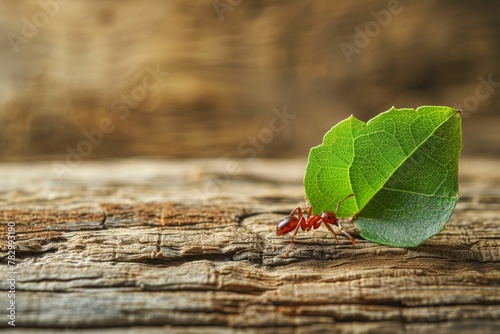 Ant carrying leaf on a textured wooden surface