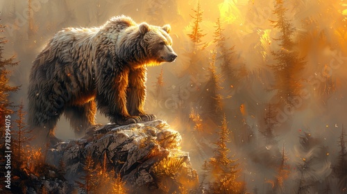 Wild Bear Captured in its Natural Habitat. Bear Standing Proudly on Rocky Cliff, Bathed in Soft Morning Light.