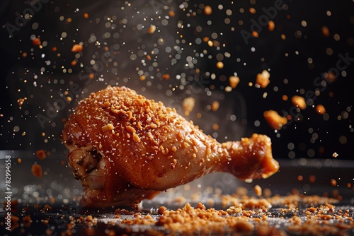 A fried chicken leg with crumbs floating around it