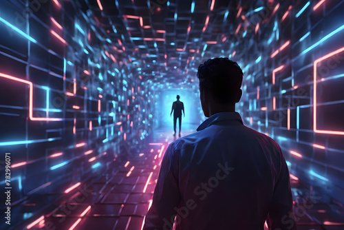 A man meets his digital self in a neon maze, symbolizing the struggle of navigating this new reality. A visual metaphor for digital era’s challenges.