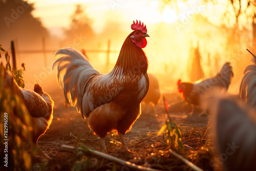 A beautiful red rooster close-up with a flock of chickens stands against the background of a rural landscape, poultry yard, portrait, morning, dawn.
