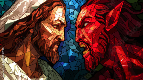 Colorful stained glass illustration of Jesus Christ vs Satan lucifer the devil