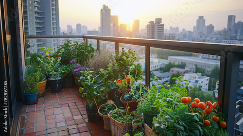 Urban balcony garden at sunset with lush vegetables and city skyline view