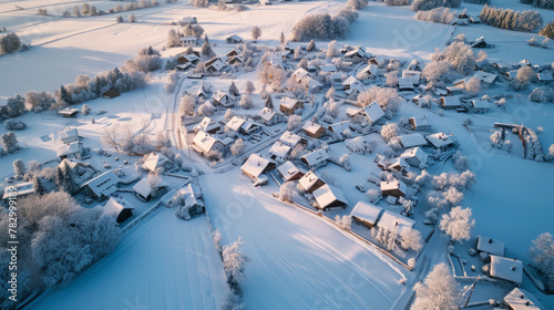 Aerial view of a tranquil snow-covered village bathed in warm sunlight