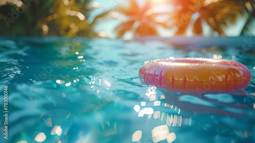 An orange pool ring floating in the sparkling waters of a swimming pool.