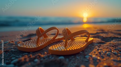 A pair of flip-flops on the beach by the sea during a sunset.