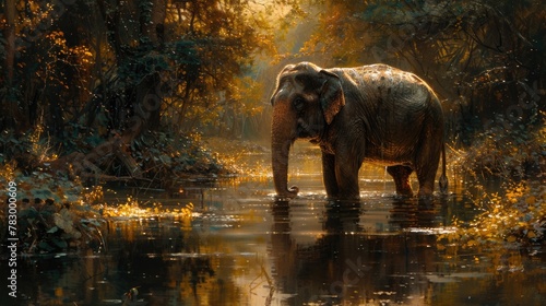 Asian Elephant Bathing Playfully in a Sunlit Waterhole Amidst Lush Greenery.
