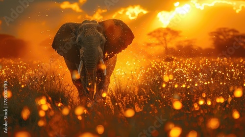 African Elephant Grazing Peacefully in the Golden Light of Sunset.