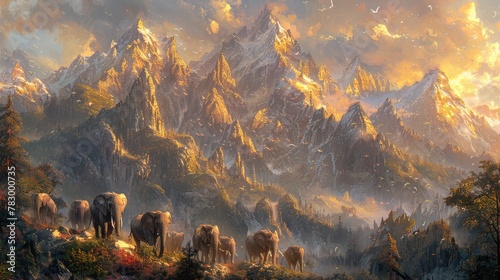 Herd of Elephants Descending from Misty Mountains, Bathed in Soft Morning Light.