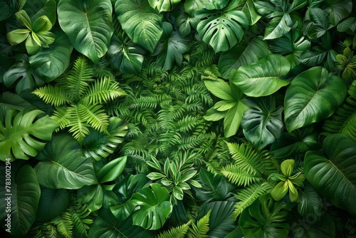 A vibrant and dense collection of tropical leaves, creating a full frame of lush greenery and intricate plant details