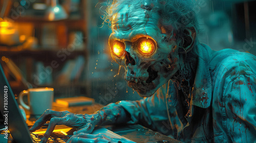  zombie working with laptop, work hard until death concept