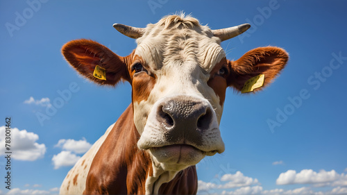 Low angle view of cow looking at camara against blue sky 