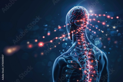 A minimalist profile depiction of the human nervous system. Glowing red orbs surround the spine and brain, suggesting relief through iris linen massage. Dark blue backdrop