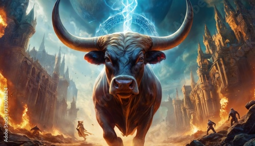 A powerful bull with glowing eyes stands at the forefront of an apocalyptic scene, with human figures battling amidst flames and lightning striking a gothic castle in the background.