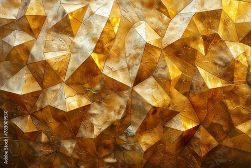 Closeup of a golden surface with a geometric triangular design showcasing light reflection and shadows