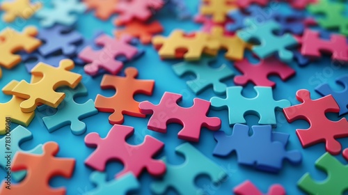 A multitude of colorful jigsaw puzzle pieces scattered on a vibrant blue background