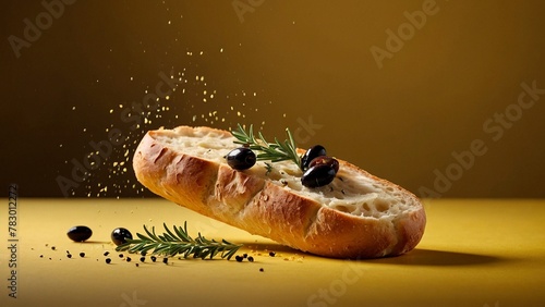 Tasty delicious slice loaf of ciabatta bread surrounded by black olives and thyme on yellow background. Beautiful bakery food meal photography illustration wallpaper concept.